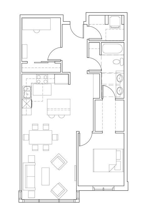 Floor plan for 1 bed, 1 bath, 940 sqft
